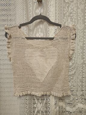 Crocheted Scoop Neck Women’s Top in Beige W Heart Design, Medium